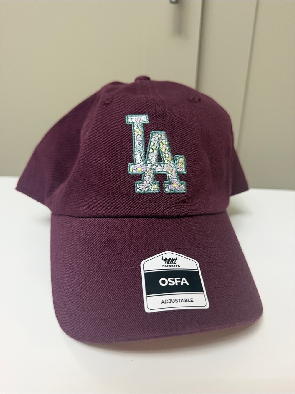 Womens Adjustable LA Cap in Maroon with Floral Logo
